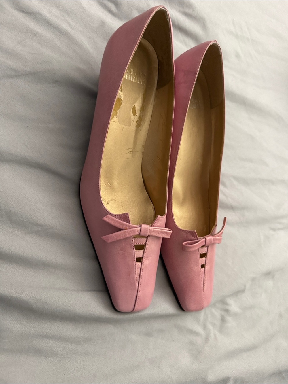Stuart Weitzman Pink Square-Toe Ballet Flats with Bow
